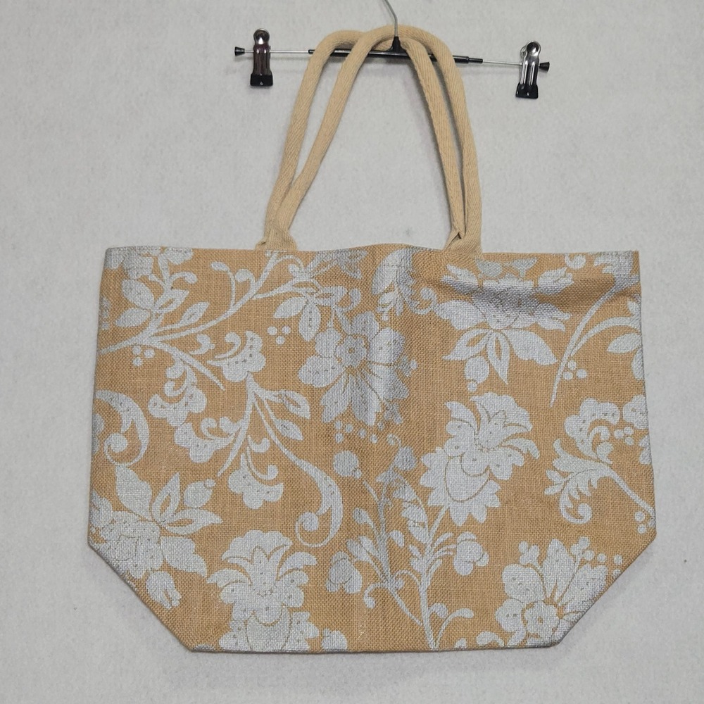 Unbranded Jute Cotton Floral Tote Bag Womens Large Tan Silver Damask